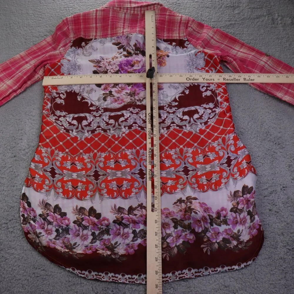 Cyrena Top Womens Small Pink Colorful Plaid Floral Button Long Sleeve Boho - Picture 3 of 8
